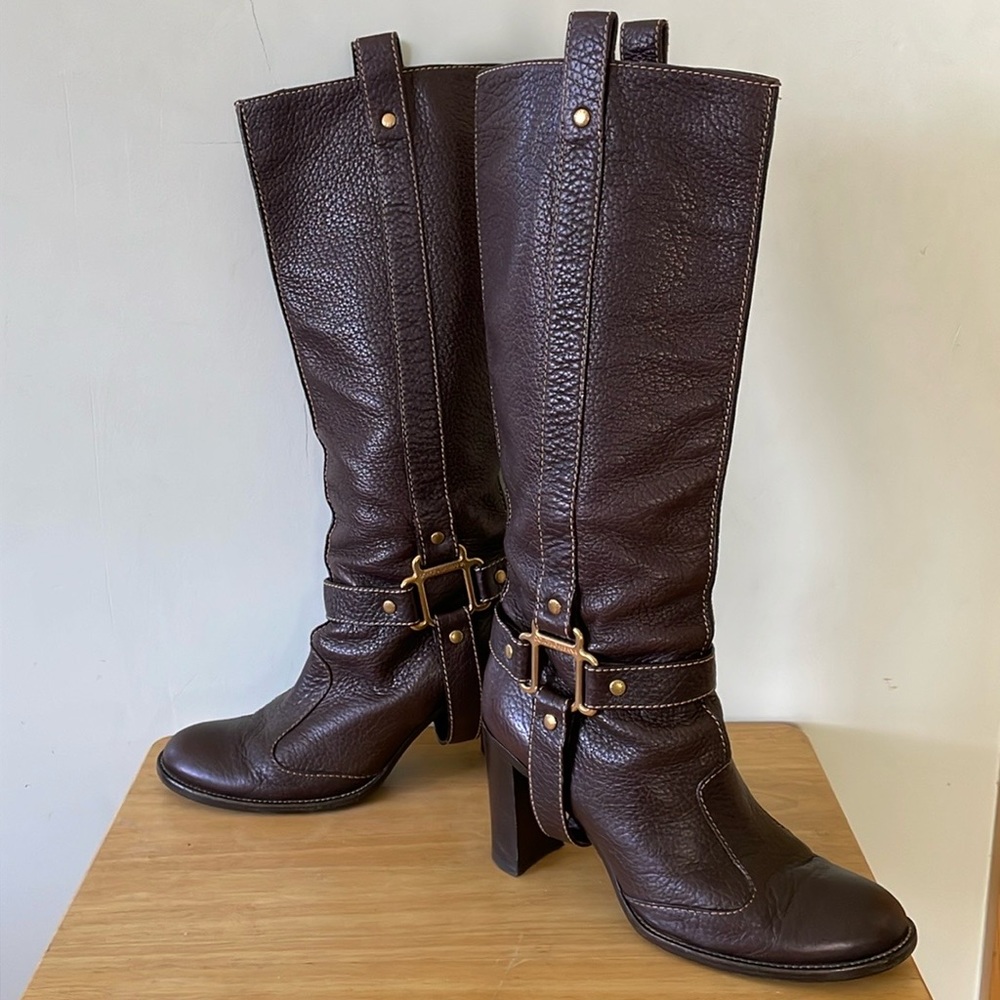 🇮🇹 Dolce & Gabbana Chocolate Brown Pebbled Leather High Riding Boots, Size 41 - Picture 3 of 16